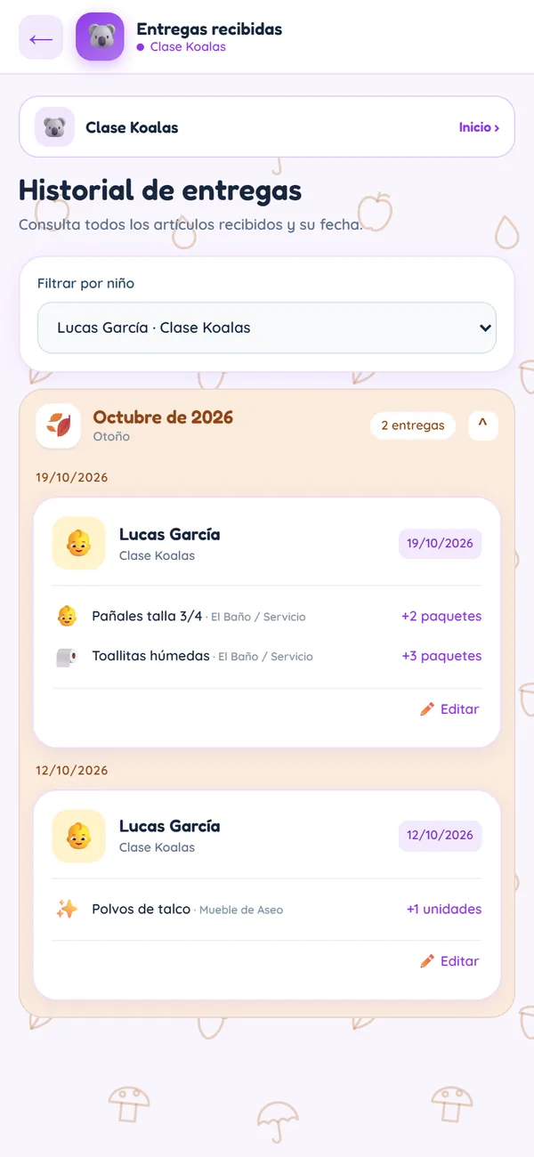 BabyKit en el móvil: historial filtrado por Lucas García con dos entregas de octubre