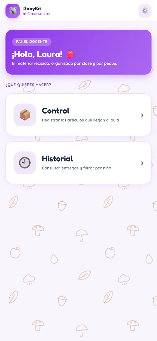 BabyKit en el móvil: inicio con el saludo a la profe y los botones Control e Historial