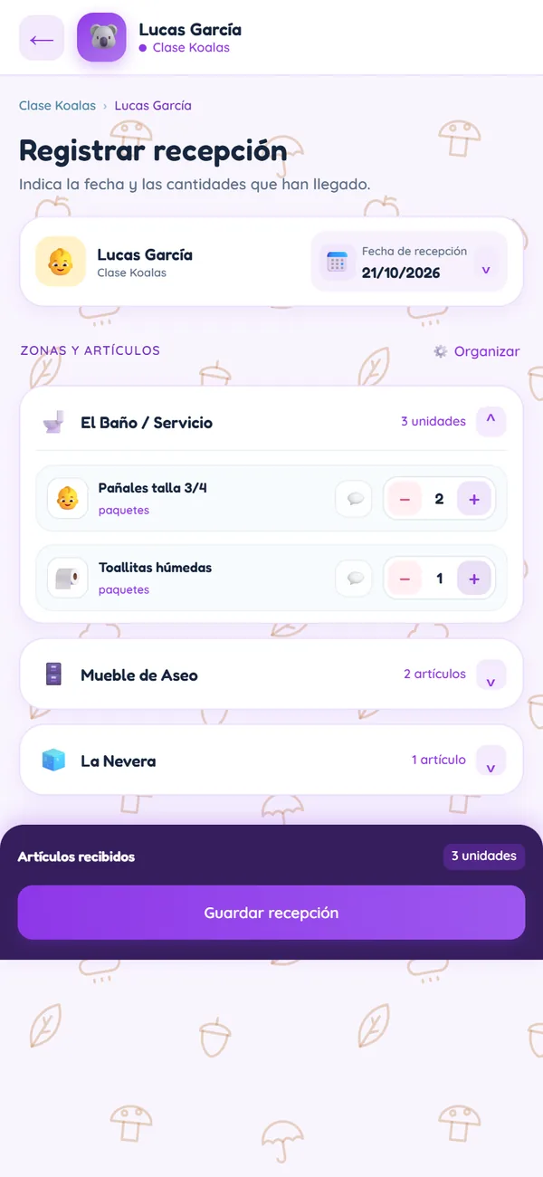 BabyKit en el móvil: recepción de Lucas García con pañales y toallitas y el botón Guardar recepción