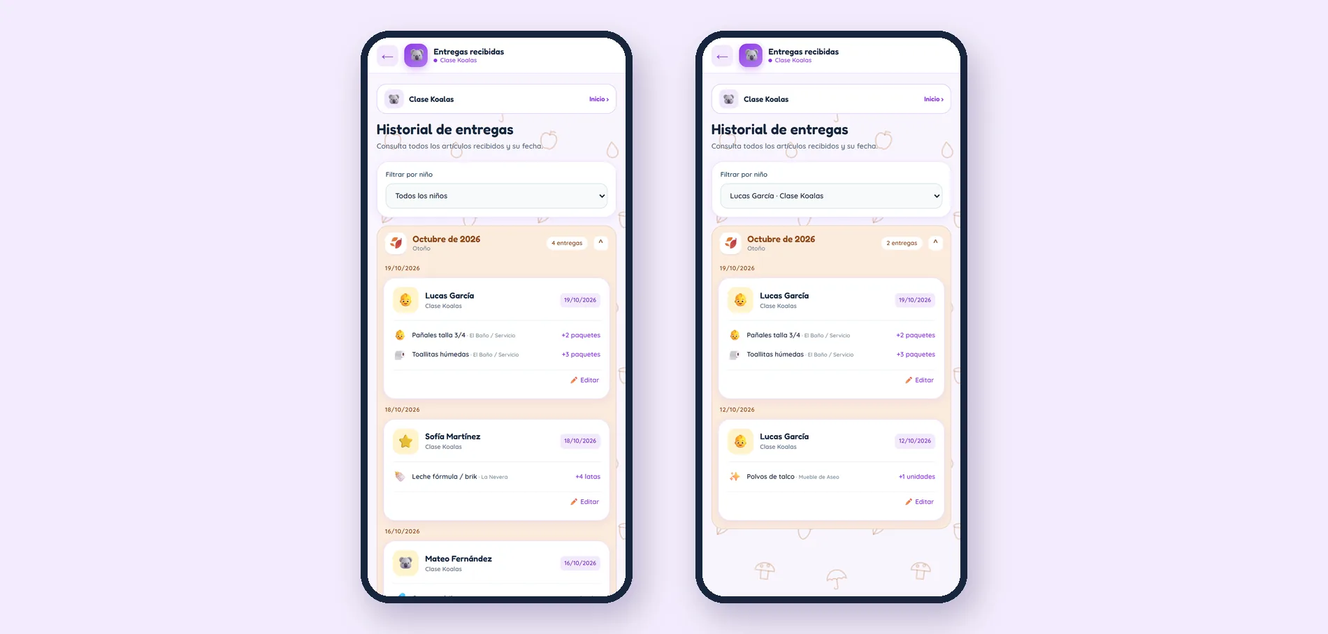 BabyKit: historial de entregas de la Clase Koalas por mes y el mismo historial filtrado por Lucas García