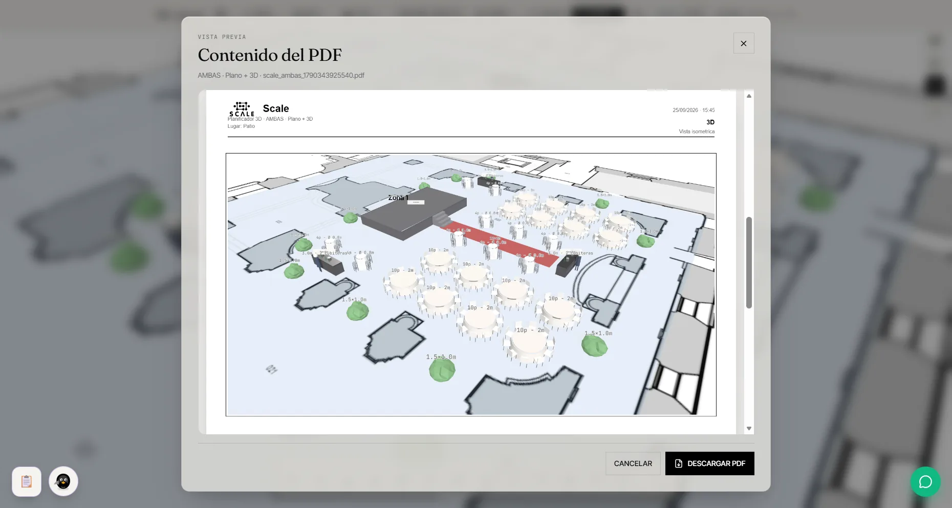 E-Scale: vista previa del PDF con el plano y la vista 3D del montaje