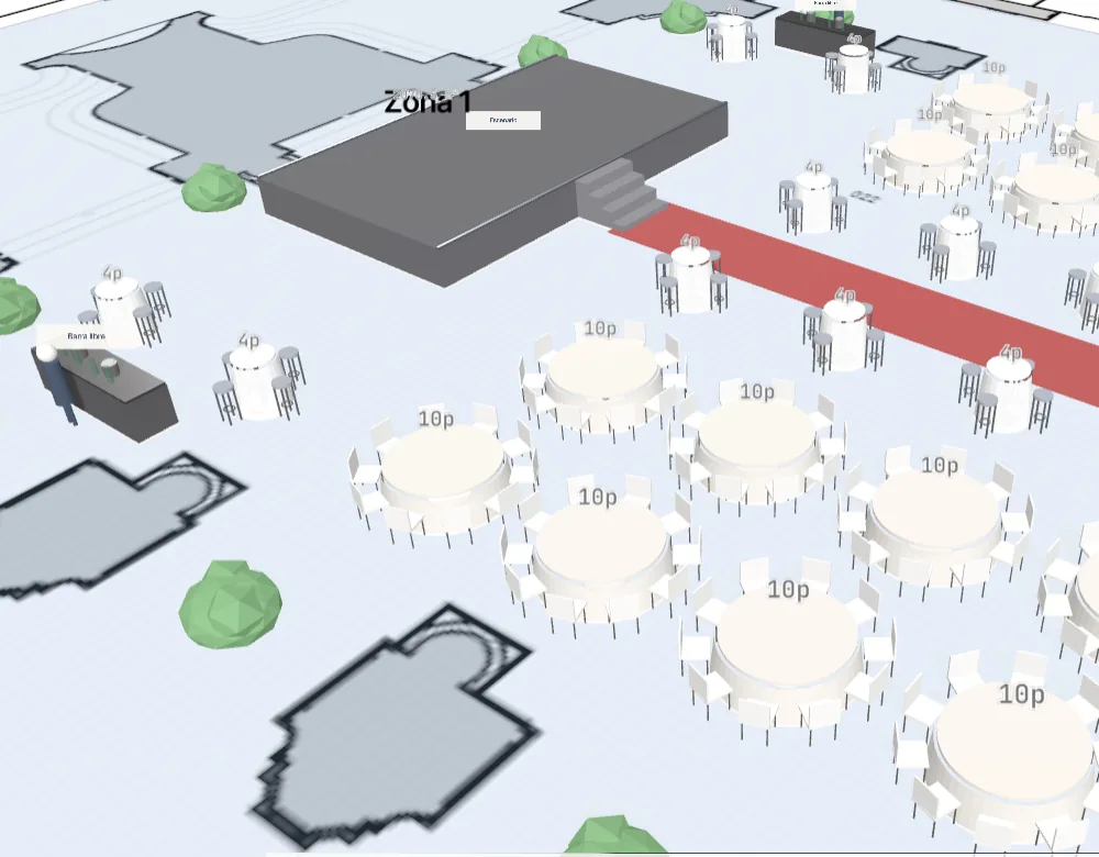 Detalle de la vista 3D de E-Scale: escenario, pasillo y mesas redondas de 10