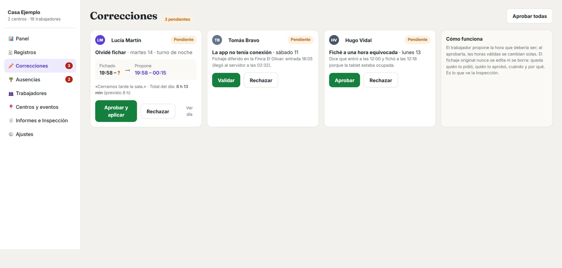 FichApp: correcciones propuestas por los trabajadores pendientes de aprobar