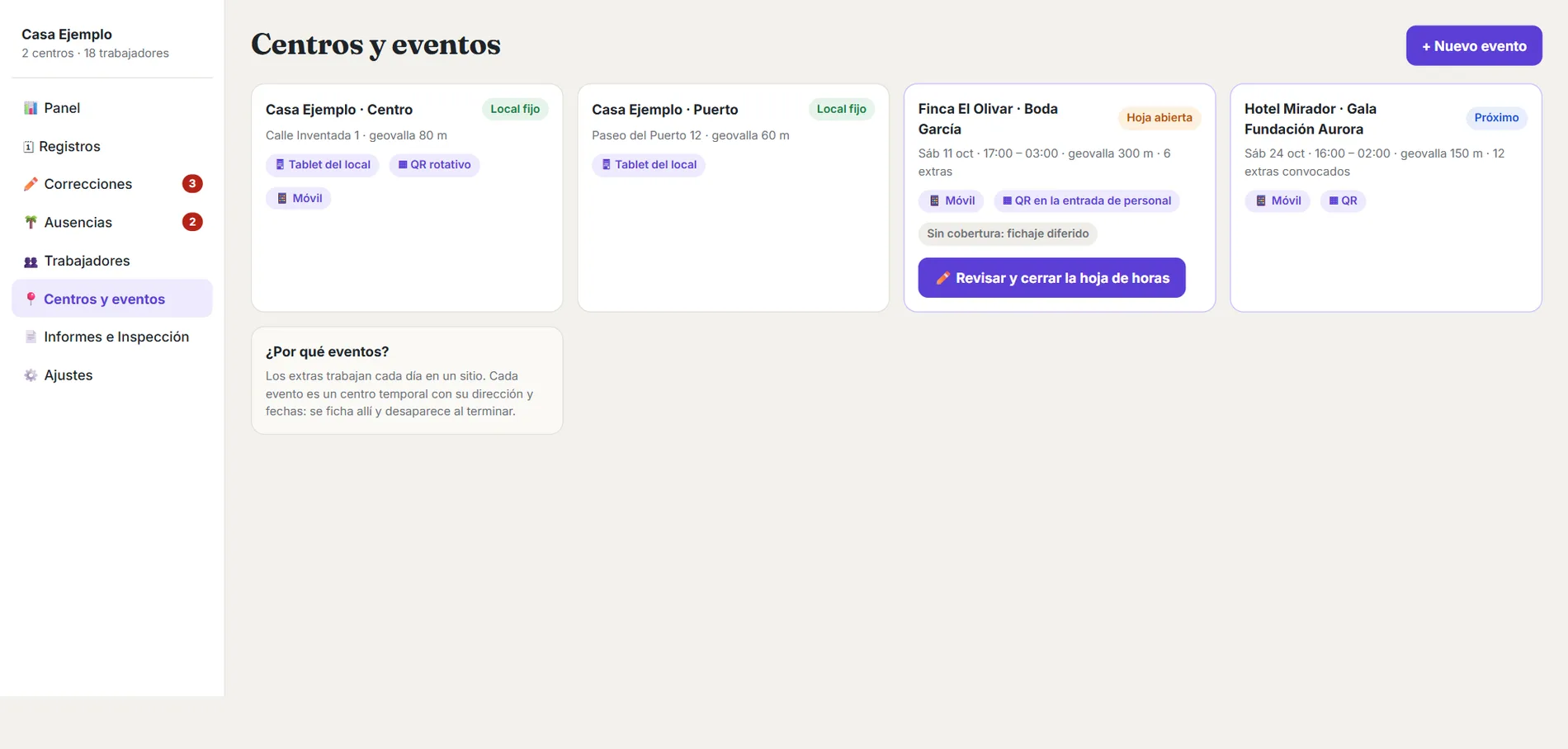 FichApp: locales fijos y eventos con geovalla, QR y fichaje en el móvil