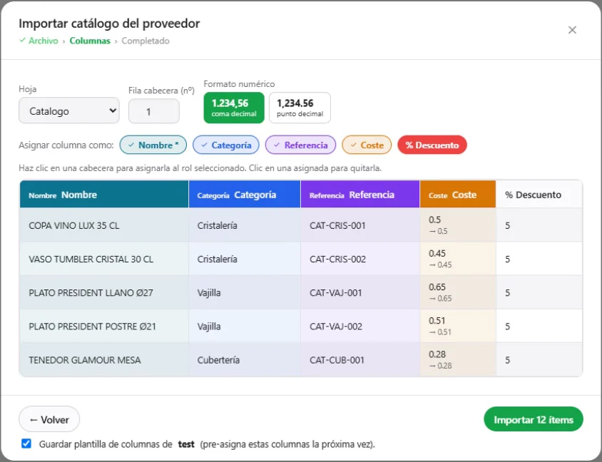 L-Scale: importación del catálogo de un proveedor con las columnas Nombre, Categoría, Referencia, Coste y % Descuento asignadas