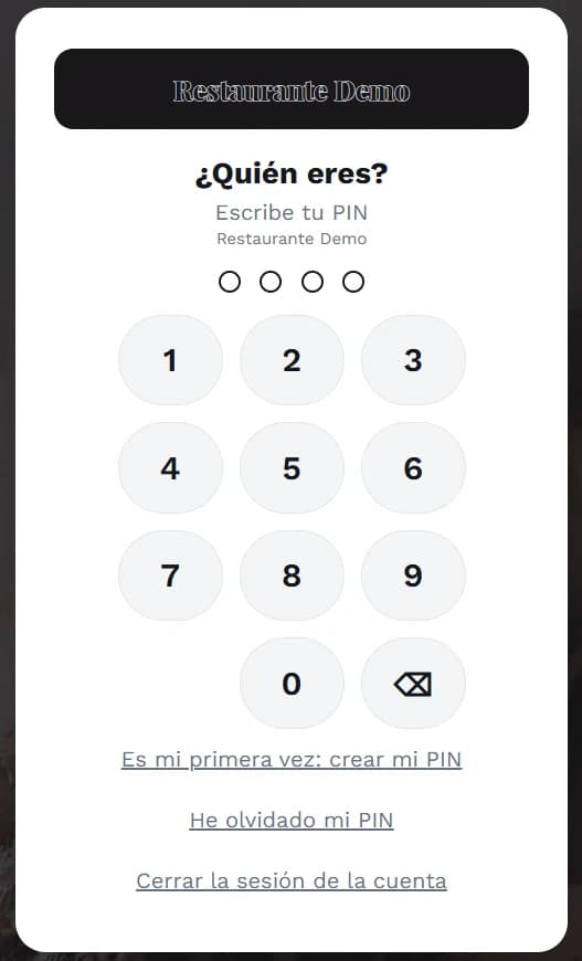 Acceso del equipo de Restaurante Demo con PIN personal en MesApp