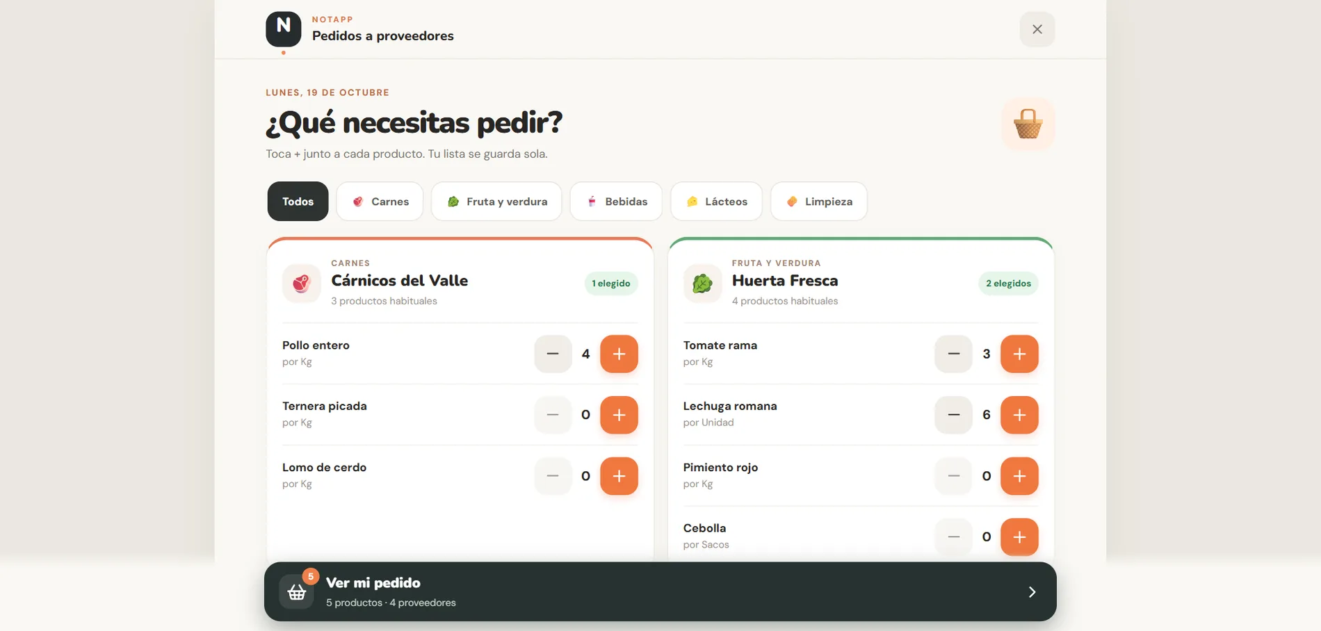 NotApp: catálogo con los proveedores por grupos y botones + y − para cada producto