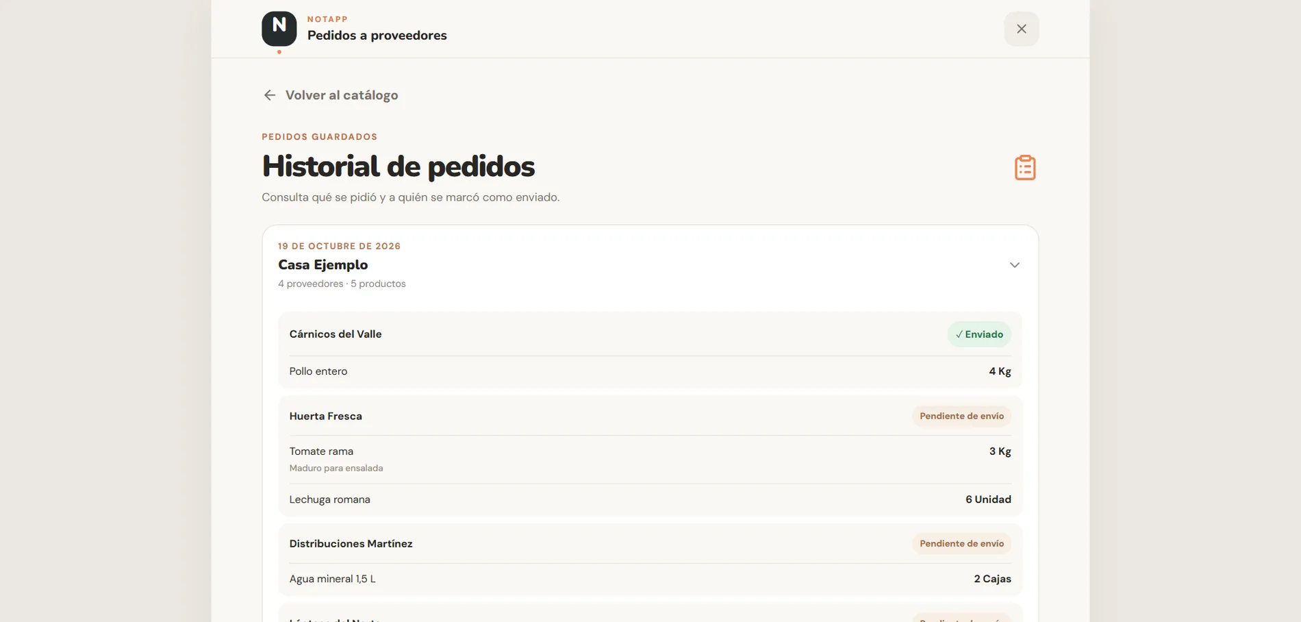 NotApp: historial de pedidos con lo enviado y lo pendiente por proveedor