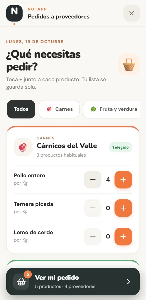 NotApp en el móvil: catálogo de proveedores con cantidades
