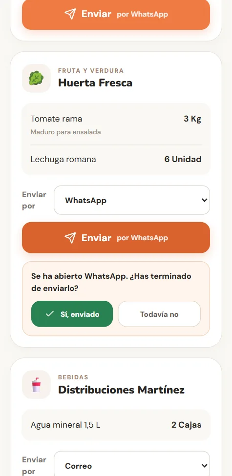 NotApp en el móvil: pedido de Huerta Fresca listo para enviar por WhatsApp