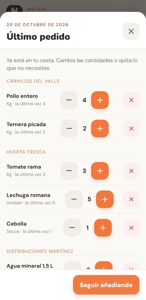 NotApp en el móvil: último pedido por proveedor, con + y − para cambiar cantidades y ✕ para quitar