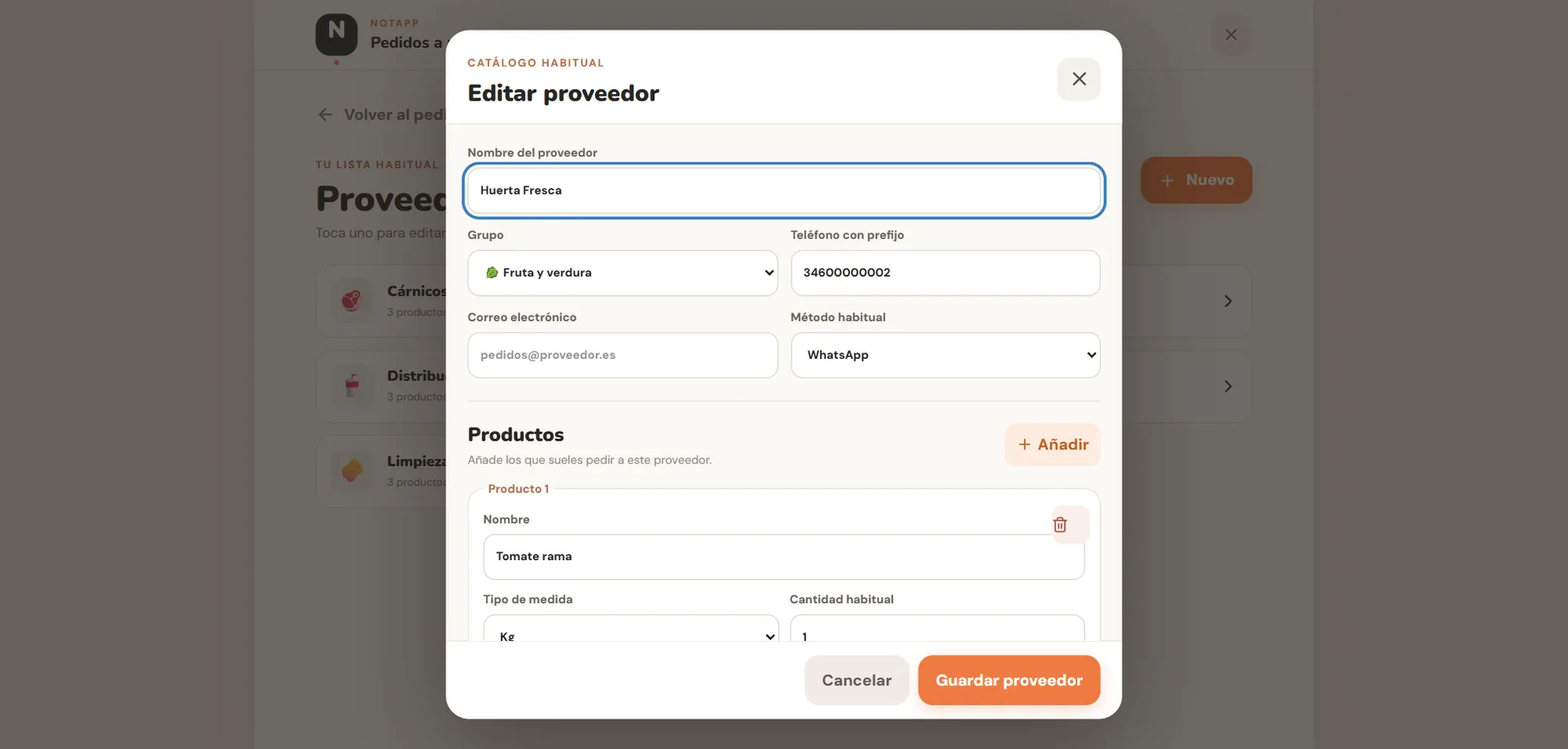 NotApp: ficha de un proveedor con su grupo, teléfono, método habitual y productos