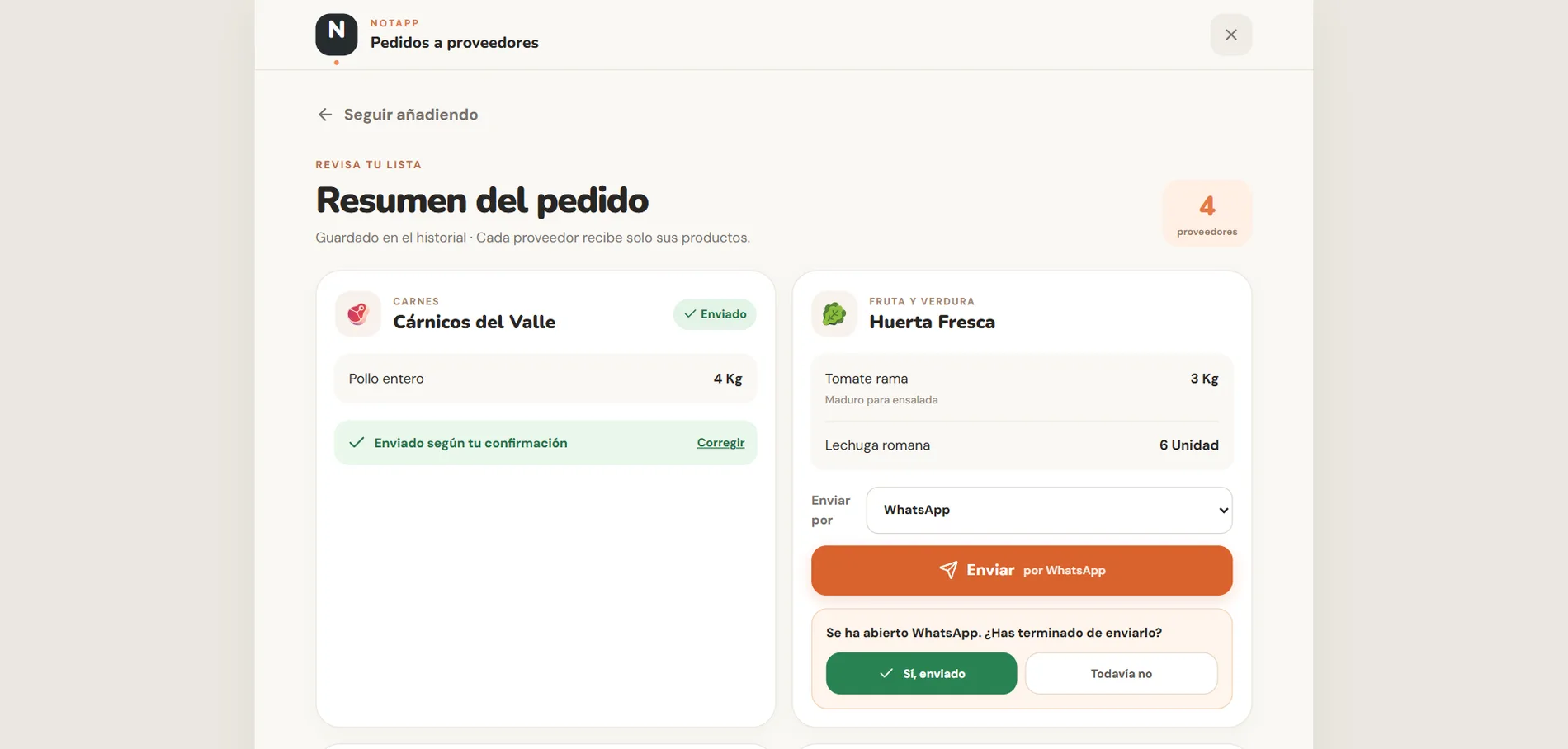 NotApp: resumen del pedido con Cárnicos del Valle enviado y Huerta Fresca a punto de enviarse por WhatsApp