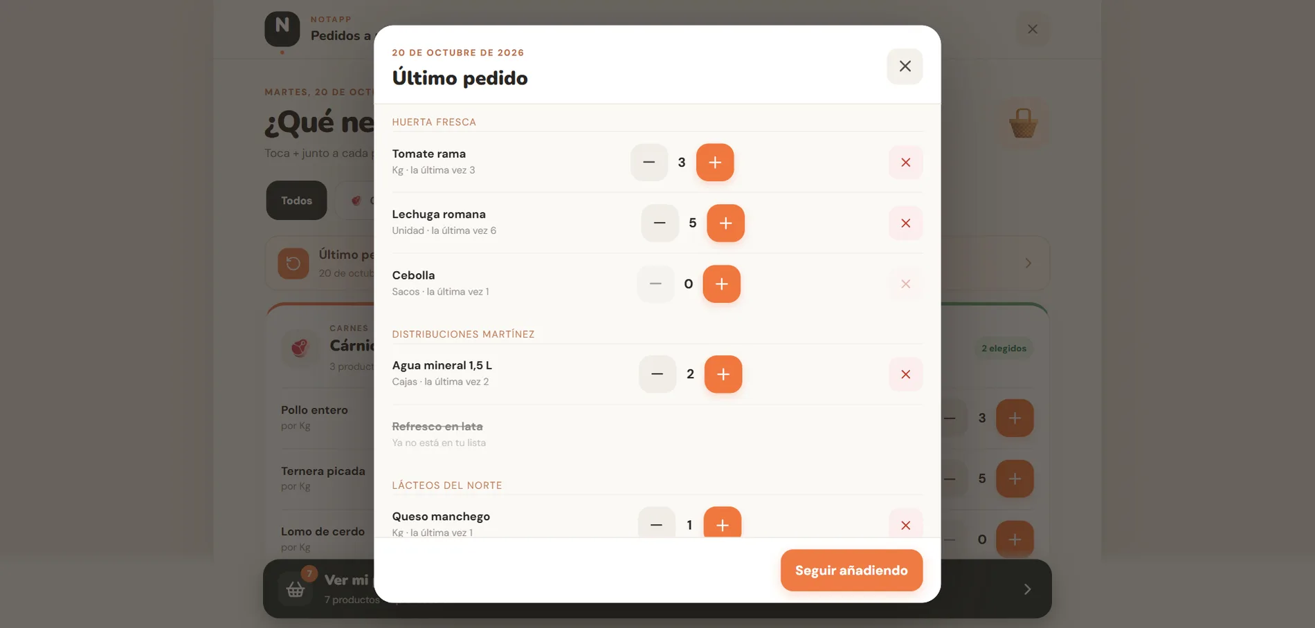 NotApp: último pedido separado por proveedor, con + y − para cada producto, ✕ para quitarlo y un producto tachado que ya no está en la lista