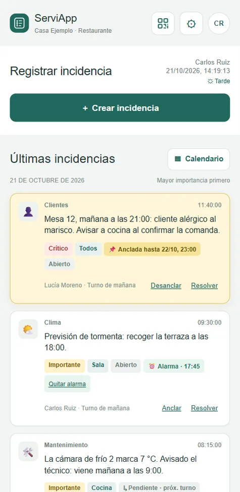 ServiApp en el móvil: últimas incidencias con una crítica anclada y una alarma