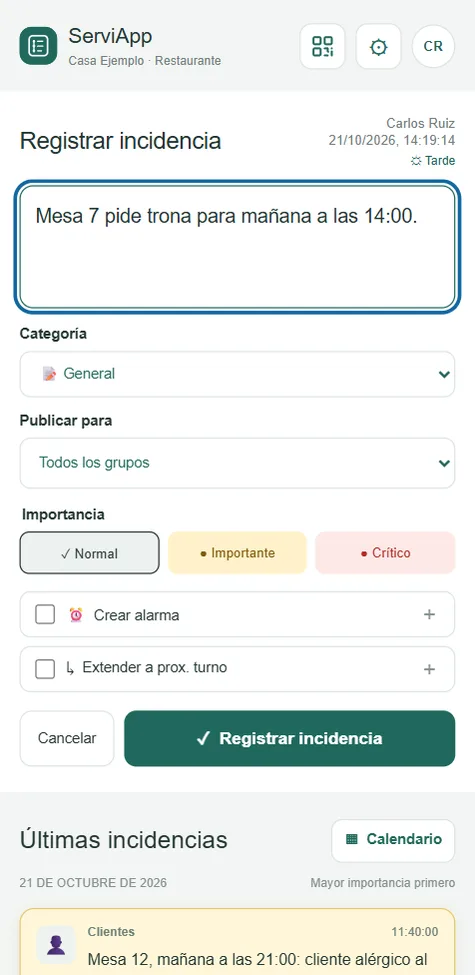 ServiApp en el móvil: registrar una incidencia sobre una trona para la mesa 7