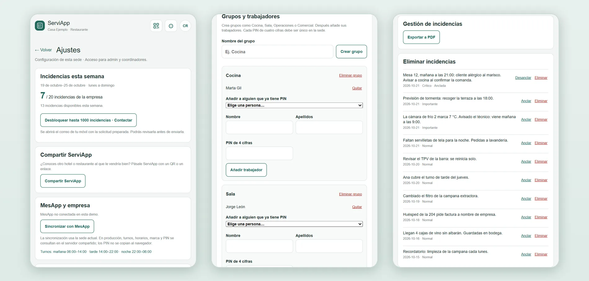 ServiApp: ajustes con el cupo semanal, grupos y trabajadores, y la gestión de incidencias con exportación a PDF
