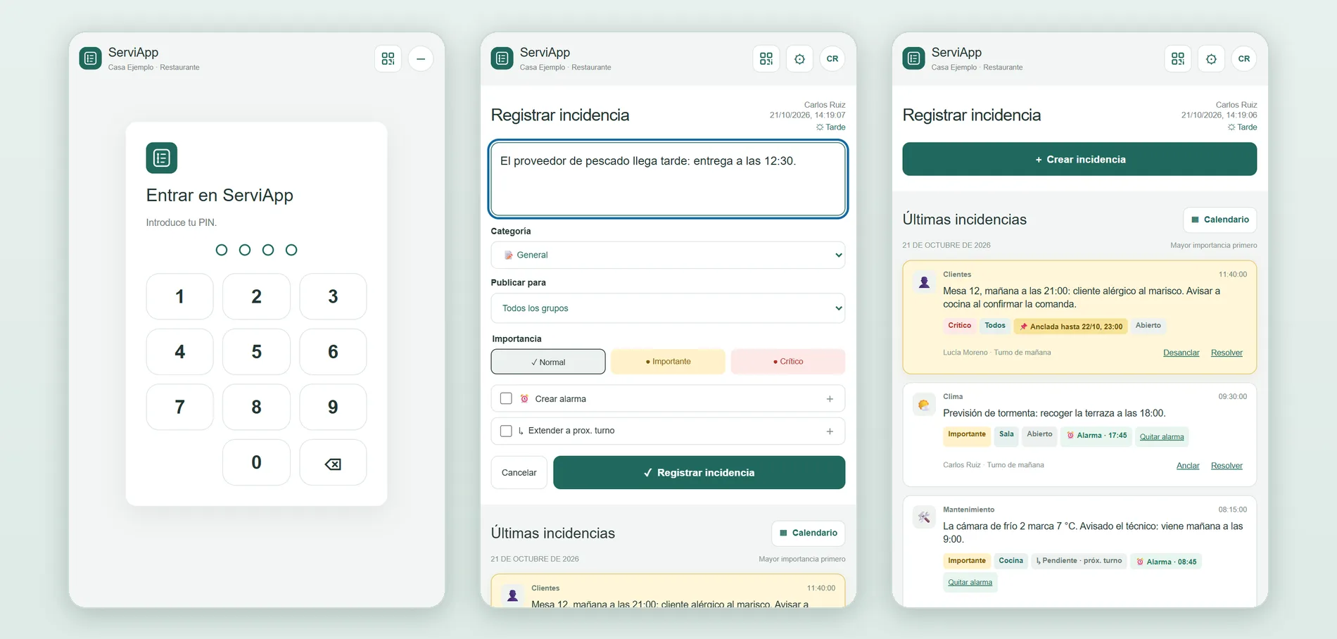 ServiApp: entrada con PIN, formulario de nueva incidencia y lista de últimas incidencias