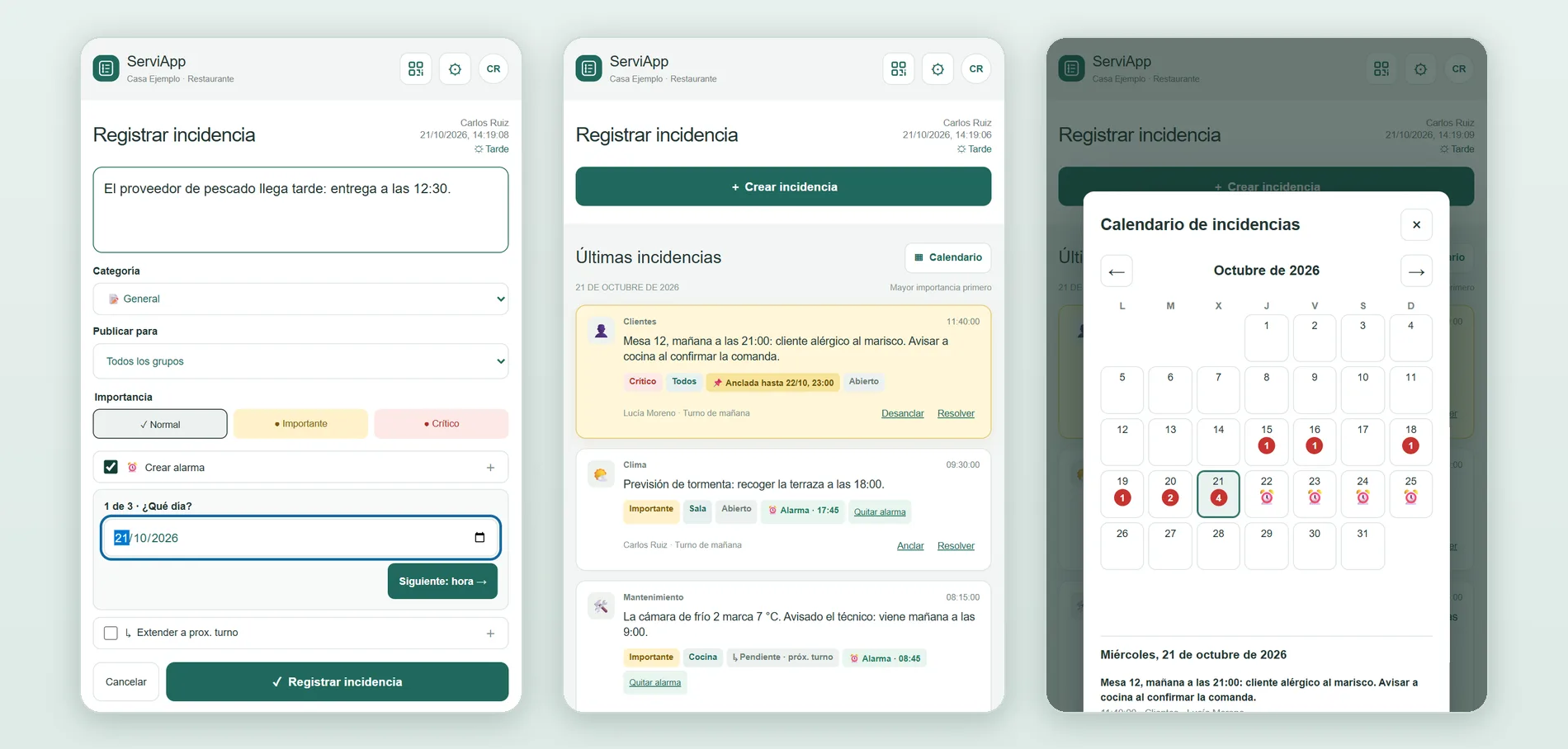 ServiApp: alarma en tres pasos, lista con incidencia anclada y pendiente para el próximo turno, y calendario con alarmas