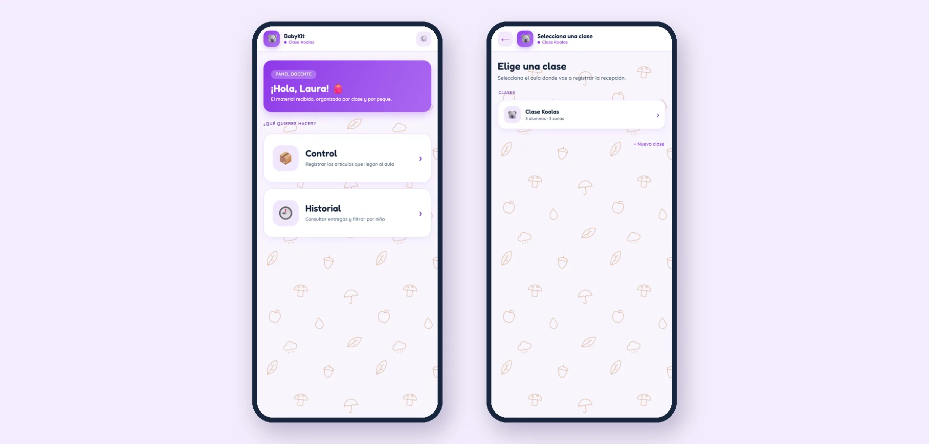 BabyKit: inicio con Control e Historial, y la lista de clases con la Clase Koalas