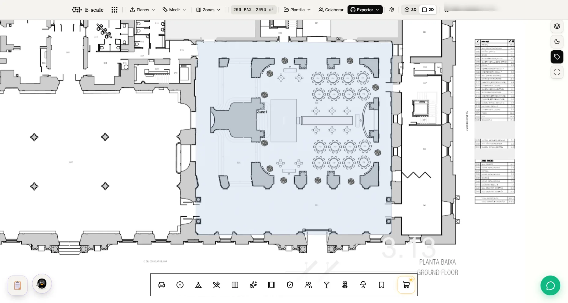 E-Scale: plano real de un salón con mesas y sillas colocadas a escala