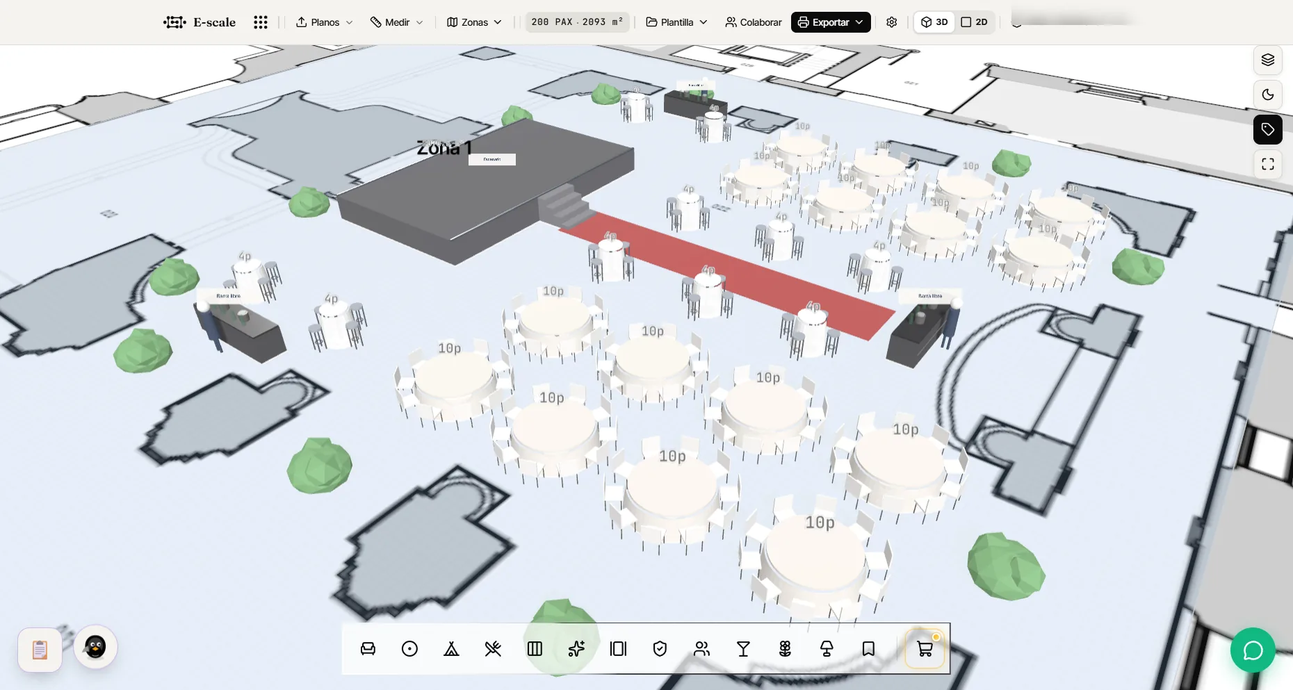 Pantalla real de E-Scale con la vista 3D de un banquete: mesas de 10, escenario y pasillo