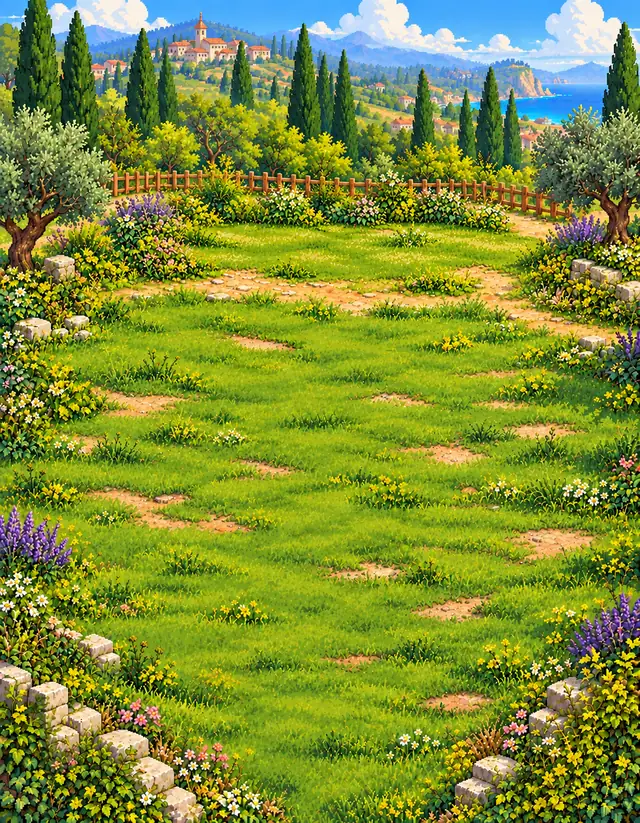 El patio restaurado: césped verde, flores y la casa arreglada